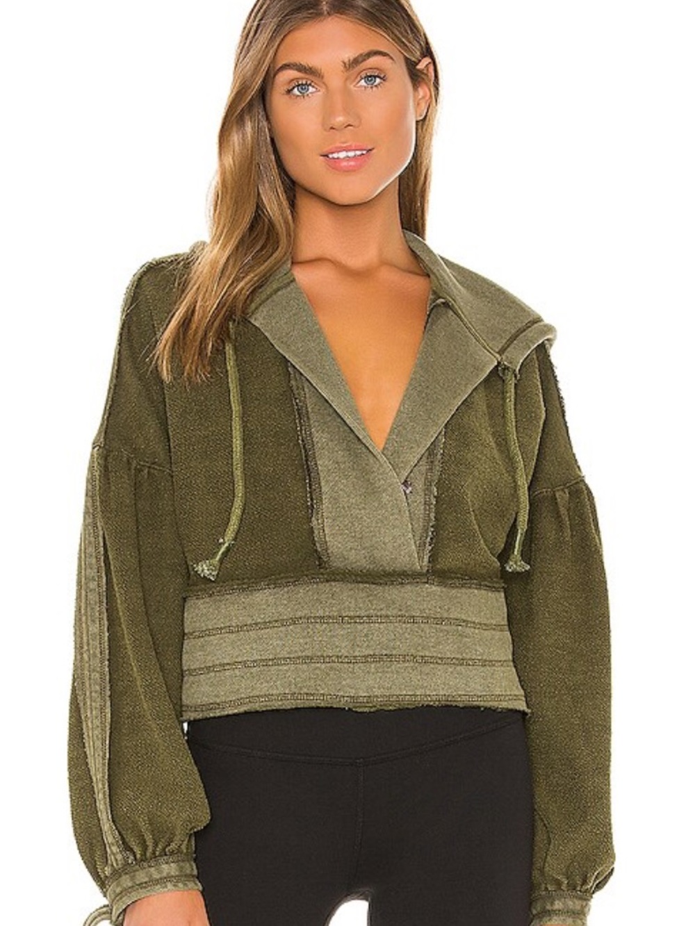 Free People Half Court Olive Green Hooded Drawstring Pullover Sweater